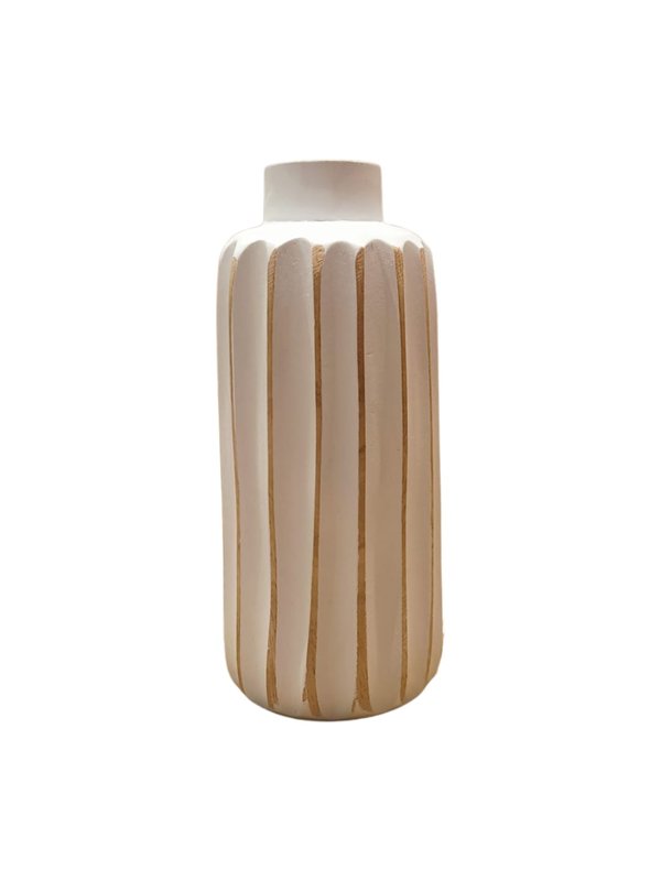 Wooden Short Vase No.10 Line Patterns (White Color) - Hand Craft